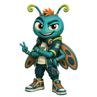 Zoodlebug, a friendly teal bug wearing headphones and sneakers